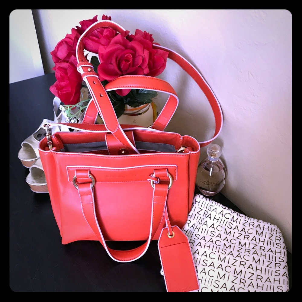 Isaac Mizrahi Live Nolita Lamb Leather Satchel Orange Crossbody Adjustable Strap